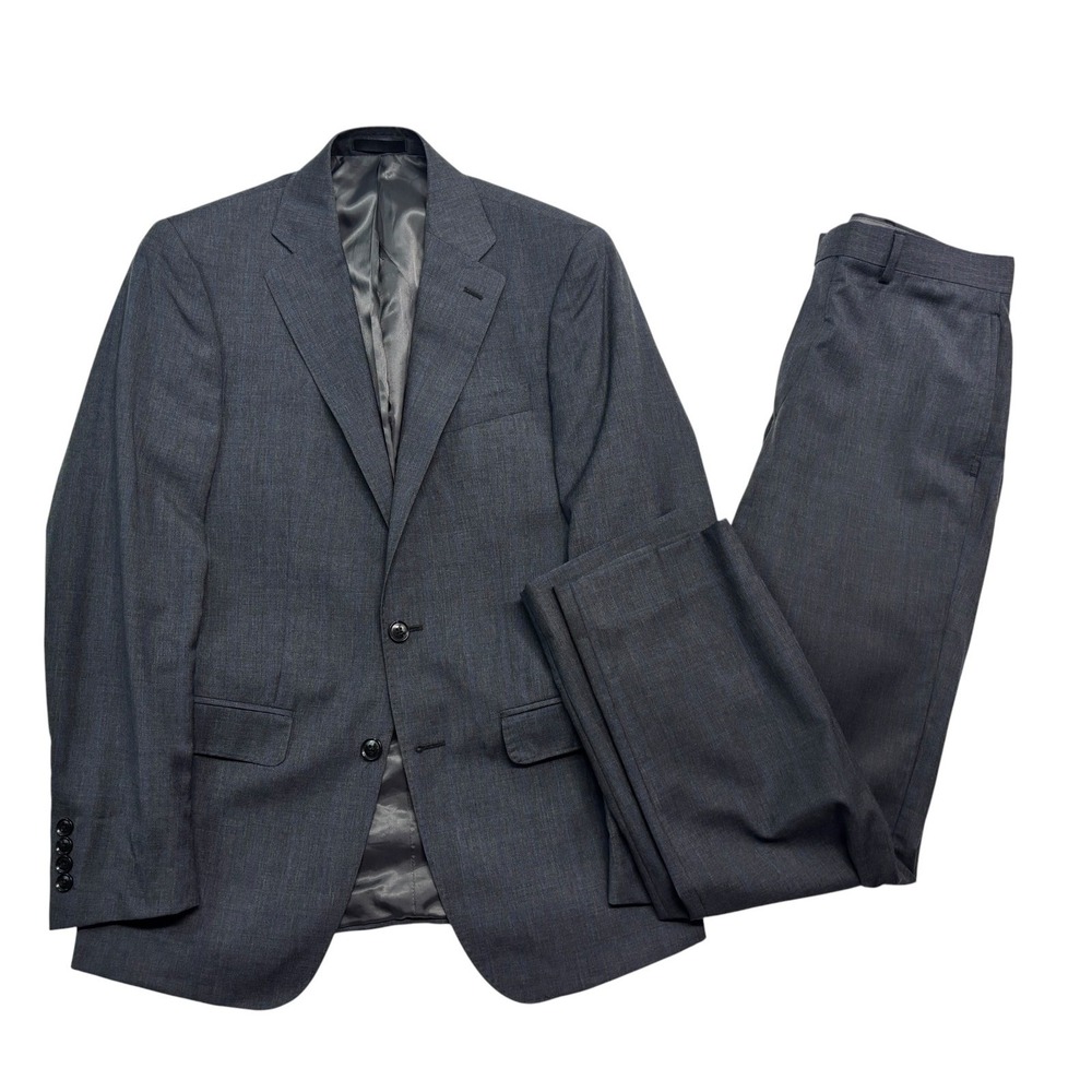 Calvin Klein 38R 32x29 Gray Blue Windowpane 2pc Pant Suit Wool Slim Flat Front